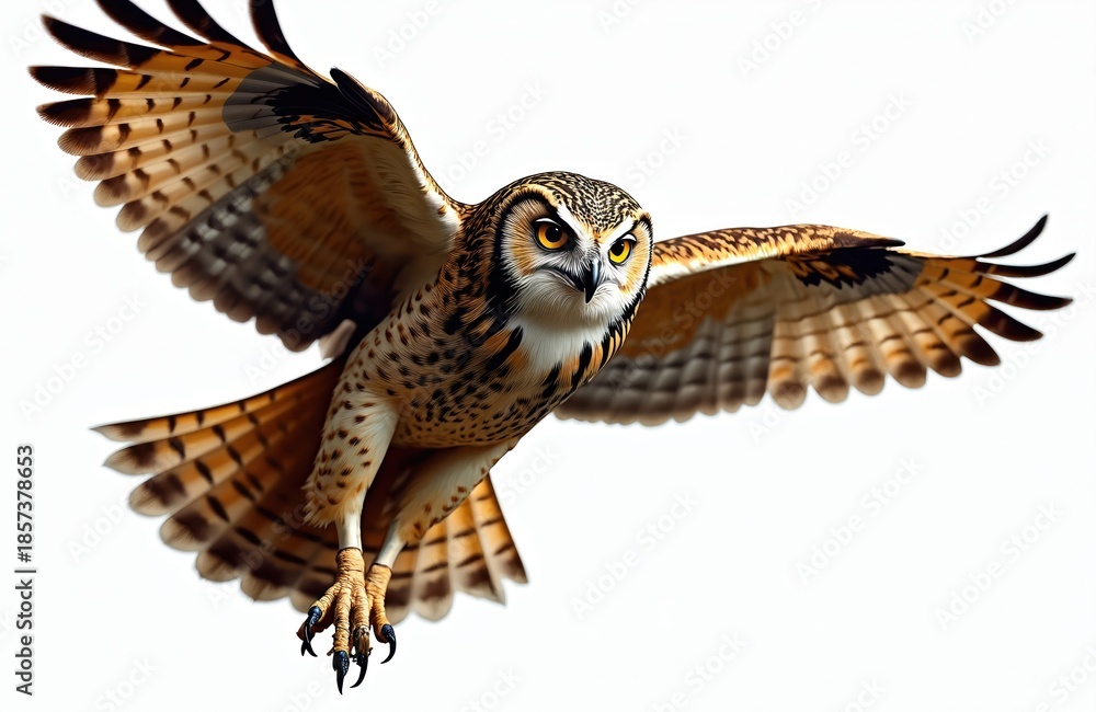 Obraz premium Eagle owl flies with wings spread. It has brown and white feathers and yellow eyes. The bird of prey is isolated on a white background, showing talons and beak.