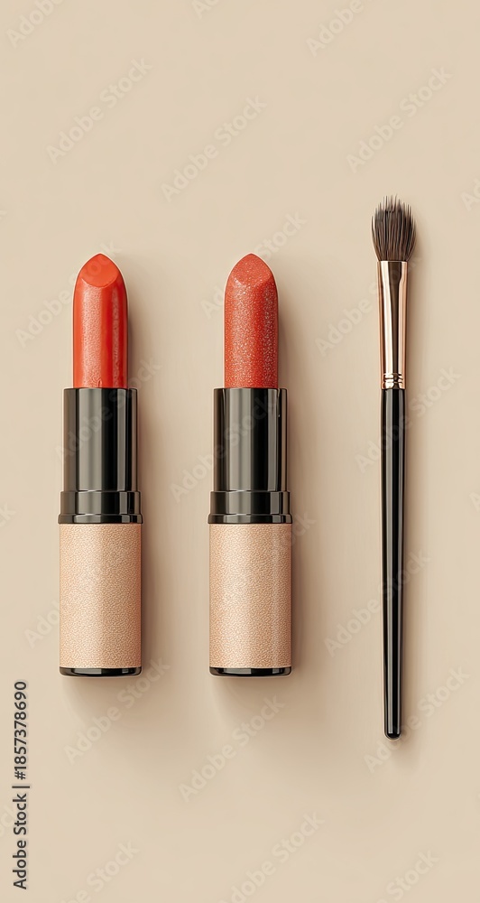 Obraz premium Two lipsticks & a brush, flat lay on a neutral background