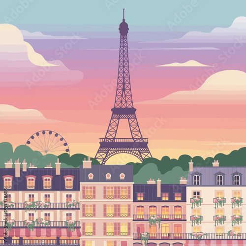A picturesque illustration of the Paris skyline featuring the Eiffel Tower, bathed in warm sunset colors, encapsulating the romance and charm of the city of love.