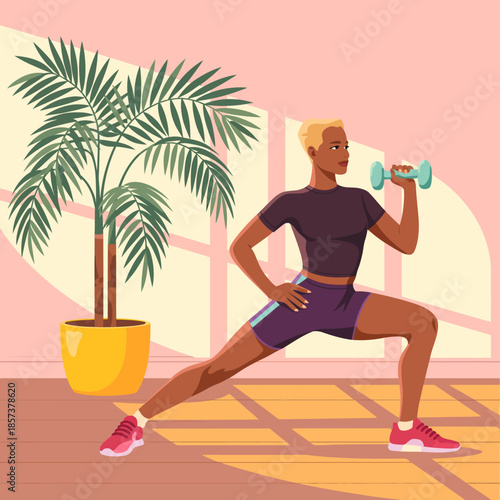 A fit woman is performing a lunge while lifting a dumbbell in a bright, modern room, promoting health, fitness, and an active lifestyle in a motivational environment.