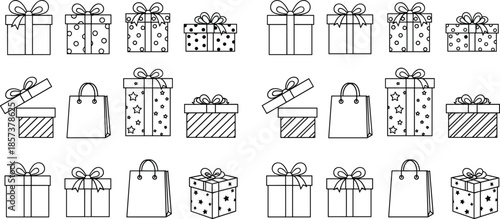 Gift box puzzle, shopping bag icons, visual discrimination, pattern recognition, cognitive activity, black line art, educational vector sketch