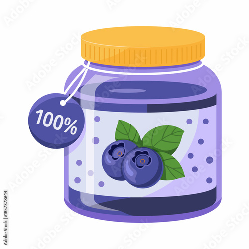 A jar of blueberry jam featuring a 100% content label symbolizes freshness and quality, appealing to food lovers and jam enthusiasts alike.