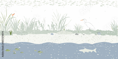 A peaceful waterscape featuring birds fish and lush vegetation