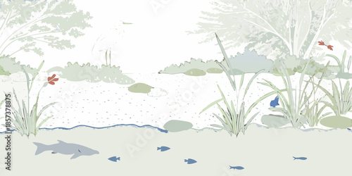 A serene underwater scene with fish plants and a rocky riverbed