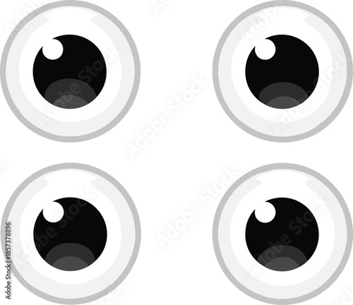 Googly eyes illustration, cartoon style, gaze direction, playful expression, black pupils, white sclera, emotion icon, vector design, fun clipart