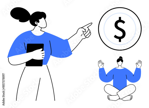 Financial planning, mindfulness, wealth management, personal growth, stress relief, investment strategies. A woman pointing at a dollar symbol and meditating. Financial planning and mindfulness