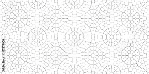 Intricate mosaic pattern of curved lines and circular designs in white