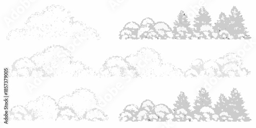 Simple black and white illustration of various tree shapes and foliage