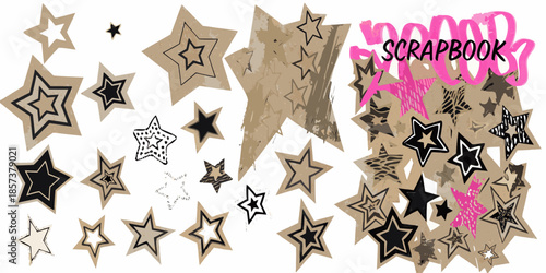 A vibrant collection of stars and a scrapbook aesthetic on a beige background