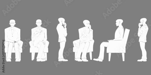A series of figures in suits seated and standing in various poses