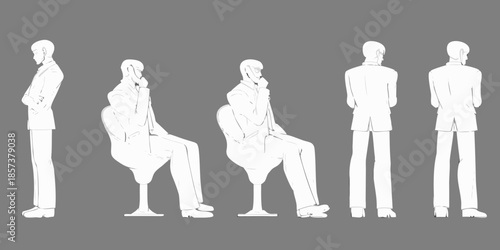 Men in suits shown in various poses and perspectives outlined in white