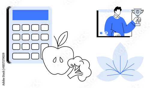 Calculator and fruits thumbs up apple and broccoli emphasize health and finance. Man holding a trophy displayed on a screen suggests achievement and recognition. Ideal for wellness, finance