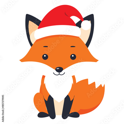 Cute cartoon icon of a little orange fox character wearing a festive red Santa Christmas hat, flat vector design illustration, perfect for holiday greetings, winter invitations, seasonal decor, and