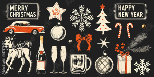 Festive holiday illustrations featuring a classic car reindeer and new year elements