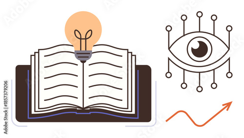 Open book with glowing bulb, digital eye for vision, growth arrow symbolizing progress. Ideal for education, innovation, research, vision, strategy progress analysis. Simple flat metaphor