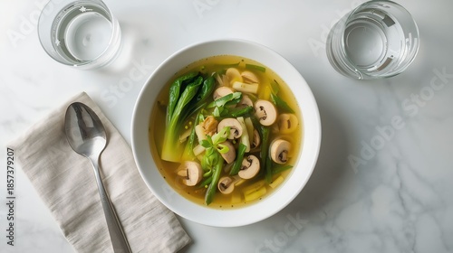 Healthy Vegetable Mushroom Soup Bowl with Fresh Greens