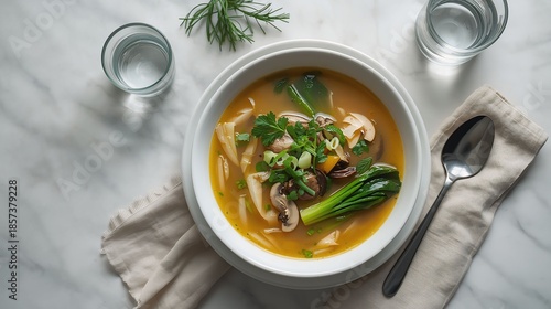 Healthy Vegetable Mushroom Soup Bowl with Fresh Greens