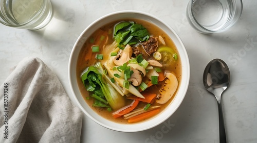Healthy Vegetable Mushroom Soup Bowl with Fresh Greens