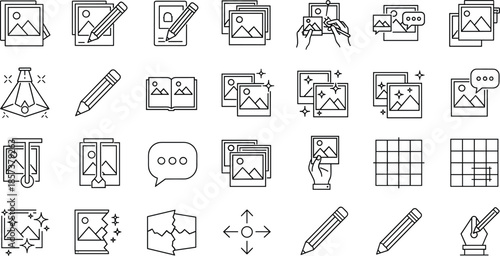Outline Vector Icon Set Representing Image Editing Graphic Design Digital Art Creation Photo Manipulation Creative Software and Professional Visual Content Tools