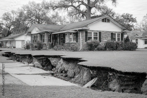 A house is at risk as a large sinkhole impacts the ground in a neighborhood. The scene shows the damage