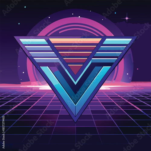 Vibrant retro synthwave triangle symbol on a glowing neon grid landscape