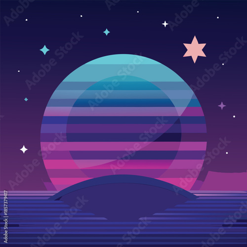 Retro futuristic celestial body rising over a striped horizon in a vibrant synthwave night