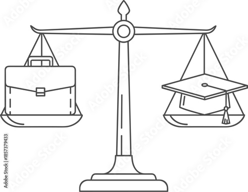 Balance scale, career and education, work versus study, graduation cap, diploma, briefcase, decision making, life choices, professional growth, academic path