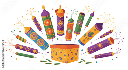 firecrackers and pyrotechnic rockets for Diwali festival celebration. Set of colorful festive fireworks and explosive petards for holiday decoration.