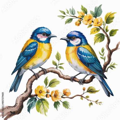 Two vibrant bluebirds perched on a branch surrounded by blossoms, illustrating the beauty of nature and the joy of companionship among wildlife in springtime.