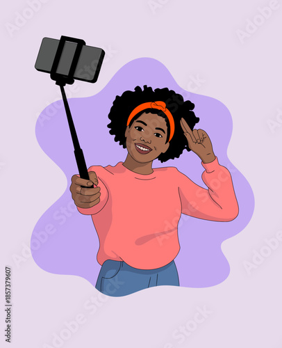 A vibrant illustration of a confident young girl happily taking a selfie with an enthusiastic wave, reflecting modern social interactions and joyful self-expression in a fun atmosphere.