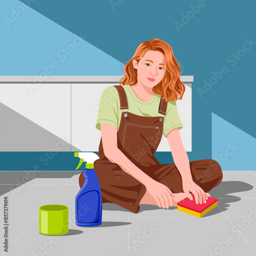 In this vibrant image, a young woman is seated on the floor, using cleaning supplies to tidy up her home, embodying diligence and self-care in a domestic setting.