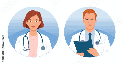 Two friendly doctors in white coats, one with a clipboard and the other wearing a stethoscope, symbolize healthcare and professionalism in medicine, ideal for medical themes.