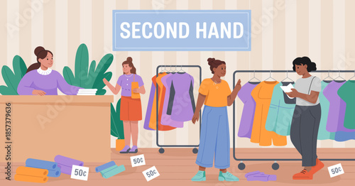 An inviting illustration of a second-hand store featuring vibrant clothing, showcasing eco-friendly shopping and the joy of finding unique apparel in a colorful environment.