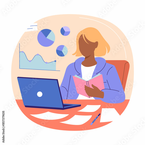 An office scene shows a woman engrossed in reading data and charts on her laptop, representing focus, analysis, and the importance of data-driven decision-making in modern work.