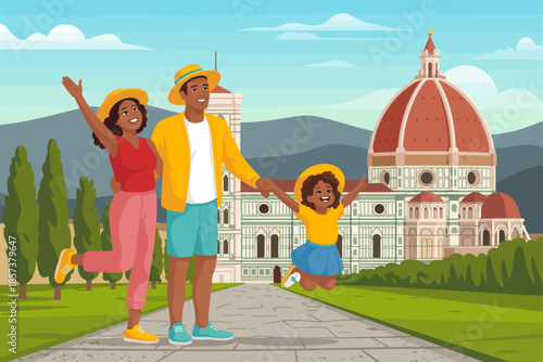 This vibrant image shows a joyful family exploring beautiful Florence, Italy, with iconic architecture in the background, capturing moments of togetherness and adventure.