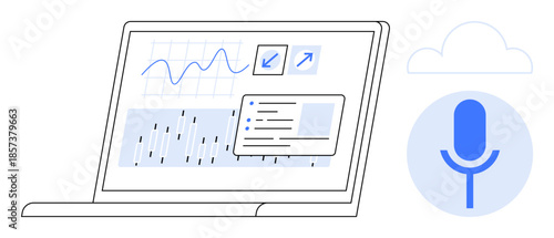 Data visualization, voice input, analytics tools, cloud services, sound processing, remote work. Laptop screen displaying graphs. Data visualization and voice input concept