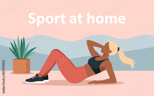 A modern illustration showcasing a woman exercising at home, emphasizing the convenience and accessibility of fitness routines with a soothing pastel color palette.