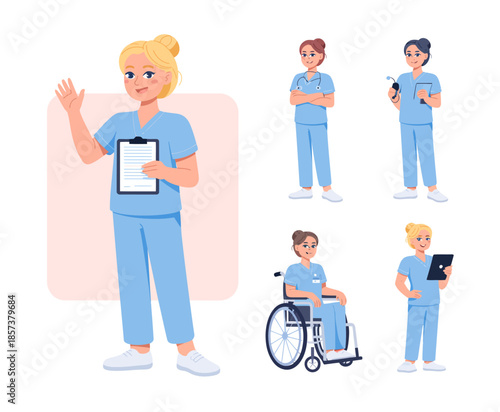 A nurse depicted in various poses represents commitment, care, and professionalism in the medical field, emphasizing the vital role of healthcare in society.