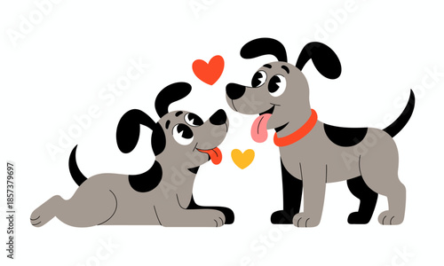 This delightful image depicts two cartoon dogs sharing affectionate moments, complete with love hearts, showcasing joy, companionship, and the playful nature of pets.