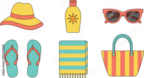 Beach, summer, vacation, essentials, hat, sunglasses, sunscreen, flip-flops, towel, bag, striped, colorful, leisure, travel, sun, protection, tropical, illustration, accessories, outdoor, holiday