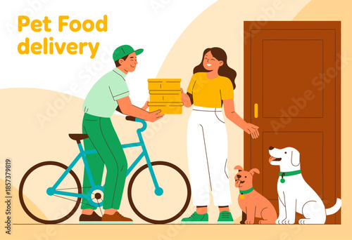 This lively illustration depicts a pet food delivery service at a customer's door, celebrating convenience and the bond between pets and their owners.