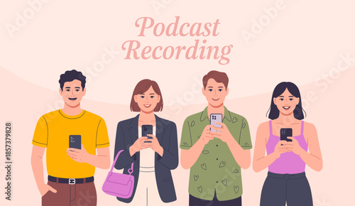 A diverse group of four friends excitedly recording a podcast together, embracing collaboration and creativity through modern technology.