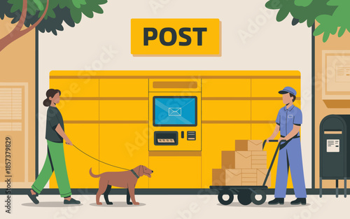 A vibrant illustration of a post office scene featuring a woman walking her dog while a postal worker handles packages, illustrating community and service.