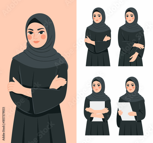 A strong woman wearing a hijab showcases her confidence and versatility through multiple poses, representing empowerment and individuality in a contemporary style.