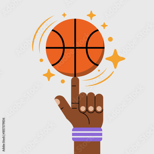 This dynamic illustration depicts a finger skillfully spinning a basketball, representing sport, skill, focus, and the thrilling essence of athletic performance.