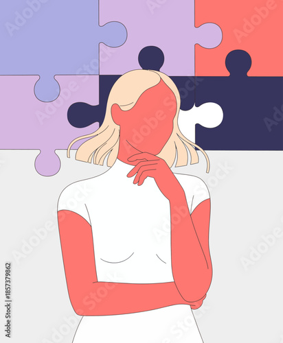 An abstract image of a woman with a missing puzzle piece in the background symbolizes contemplation and the search for identity and self-understanding through life's challenges.