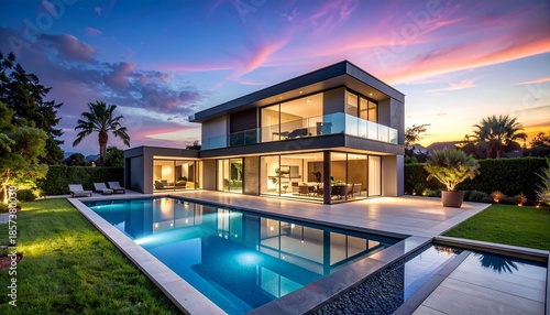 Modern Two-Story Luxury Home with Pool and Twilight Ambiance