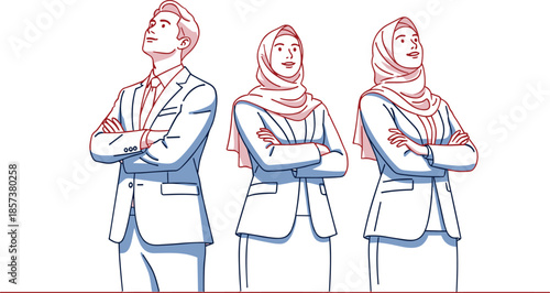 Business, team, diversity, confidence, professional, people, hijab, suit, empowerment, workplace, illustration, minimal, vector, leadership, unity, career, standing, arms crossed, upward, stylized
