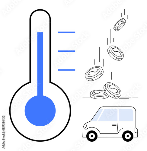 Environmental responsibility, budget control, fuel economy, financial savings, transportation, automotive expenses. A thermometer, dropping coins and car. Fuel economy and financial savings theme