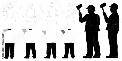 Construction workers in various stages of depiction from sketch to solid silhouette
